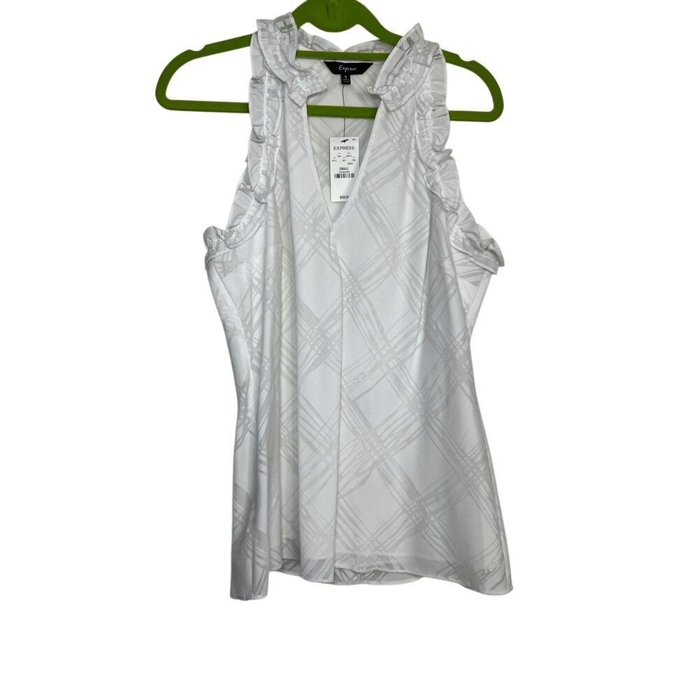 Express Blouse Top Womens Small White Jacquard Sleeveless Ruffle‎ Trim Lined NWT